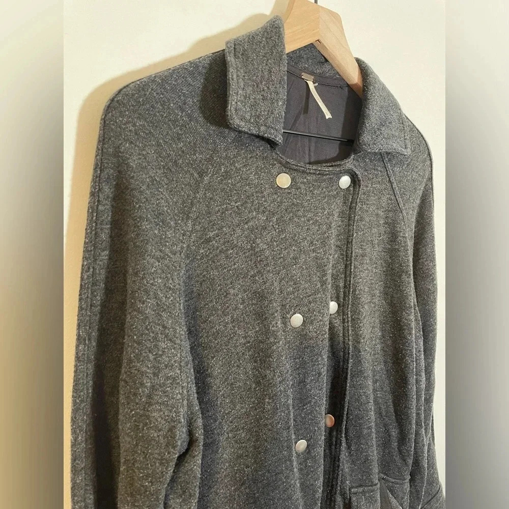 Free People Oversize Slouchy Anorak Jacket Gray Knit Linen Blend Pea Coat Small - Picture 4 of 10